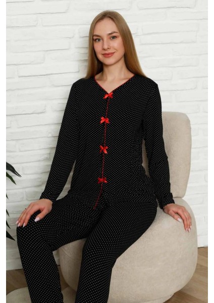 Fiyonklu Kadın Pijama Takımı - Siyah Puantiyeli Uzun Kol Likralı 2828UY modelleri