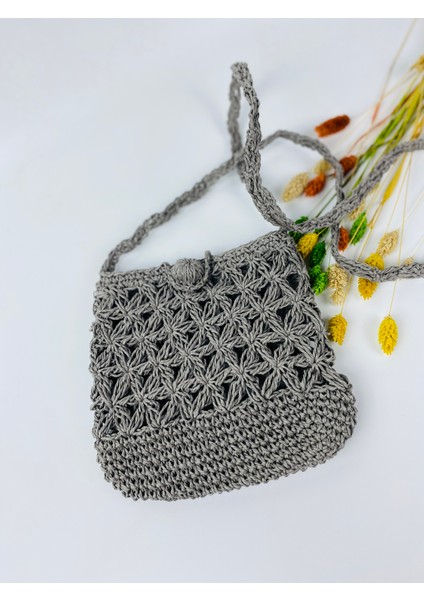 Kağıt Ip Hasır Askılı Örgü Omuz Çantası - Telefon Çantası En 18cm Boy 19 Cm Askı 135 Cm