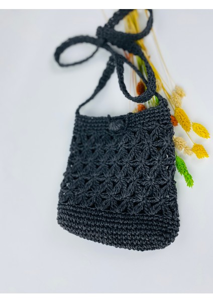 Kağıt Ip Hasır Askılı Örgü Omuz Çantası - Telefon Çantası En 18cm Boy 19 Cm Askı 135 Cm