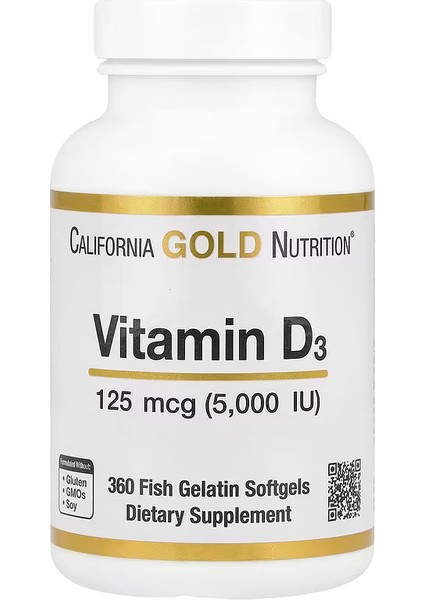 Vitamin D3, 5,000IU Cholecalciferol From Lanolin 360 Fish Gelatin Softgels
