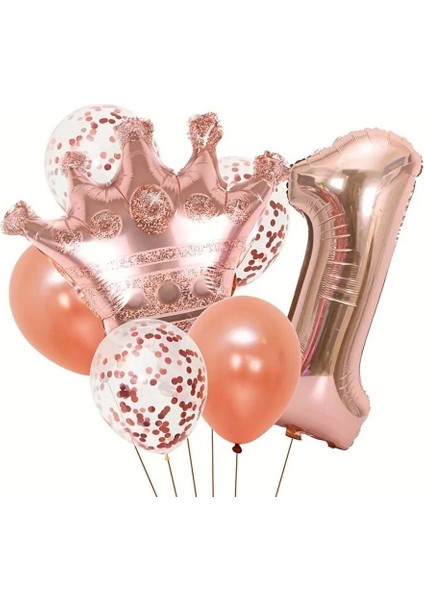 Rose Gold Taçlı 1 Rakam Balon Set