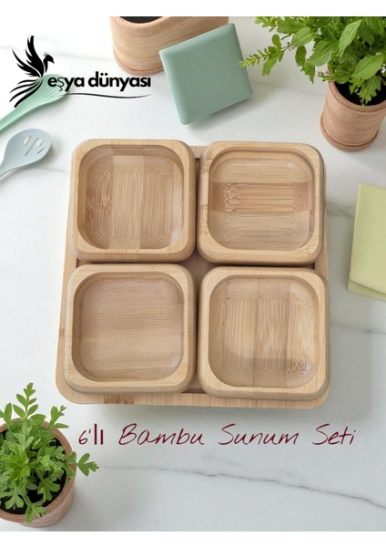 El Yapımı 6’lı Bambu Çerezlik ve Kahvaltılık Seti –9 cm Ahşap Sunum Kaseleri Kare Tabağı ile
