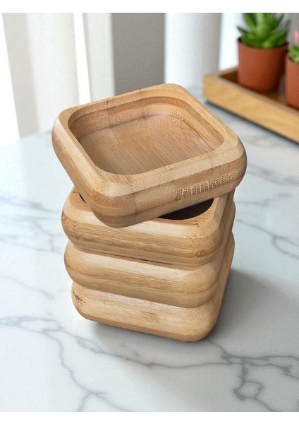 El Yapımı 6’lı Bambu Çerezlik ve Kahvaltılık Seti –9 cm Ahşap Sunum Kaseleri Kare Tabağı ile