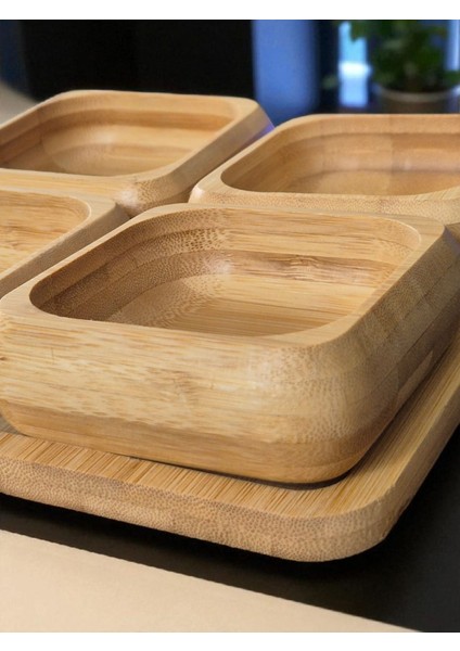 El Yapımı 6’lı Bambu Çerezlik ve Kahvaltılık Seti –9 cm Ahşap Sunum Kaseleri Kare Tabağı ile