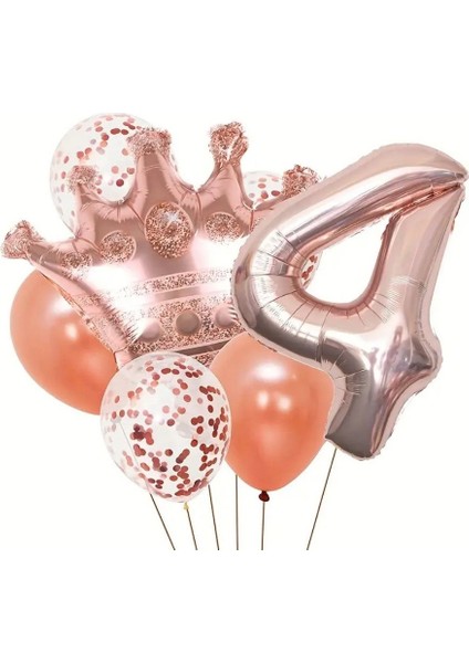 Rose Gold Taçlı 4 Rakam Balon Set