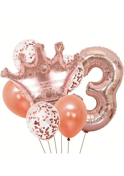 Rose Gold Taçlı 3 Rakam Balon Set