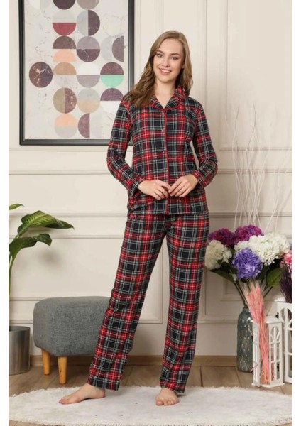 Kareli Önden Düğmeli Uzun Kollu Likralı Viskon Pijama Takımı 2523UY