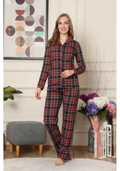 Kareli Önden Düğmeli Uzun Kollu Likralı Viskon Pijama Takımı 2523UY fiyatları