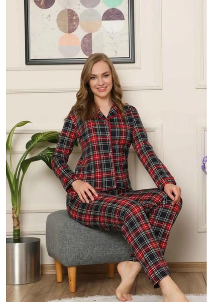 Kareli Önden Düğmeli Uzun Kollu Likralı Viskon Pijama Takımı 2523UY modelleri