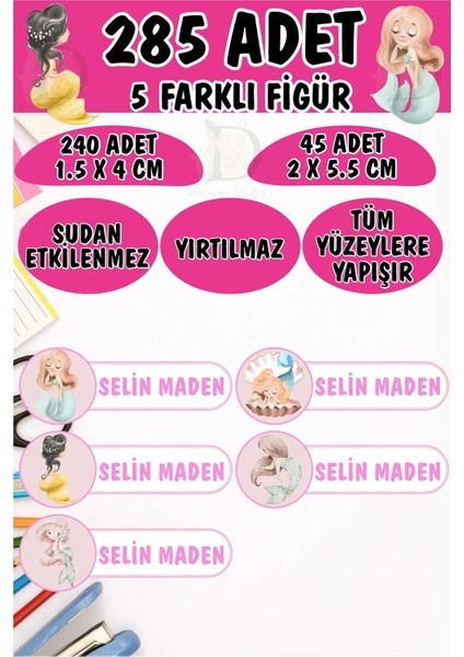 Okul Etiketi Kalem Defter Etiketi Deniz Kızları Temalı Özel Isimli Etiket 5 Figür - 285 Adet