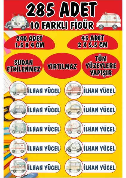 Okul Etiketi Kalem Defter Etiketi Arabalar Temalı Özel Isimli Etiket 10 Figür - 285 Adet