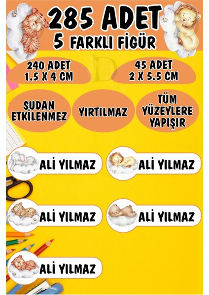 Okul Etiketi Kalem Defter Etiketi Uyuyan Sevimli Hayvanlar Özel Isimli Etiket 5 Figür - 285 Adet
