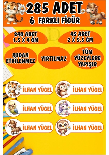 Okul Etiketi Kalem Defter Etiketi Papatyalı Sevimli Hayvanlar Özel Isimli Etiket 6 Figür - 285 Adet