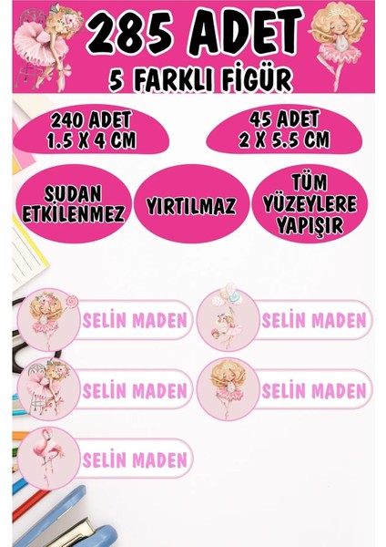 Okul Etiketi Kalem Defter Etiketi Pembe Balerinler Özel Isimli Etiket 5 Figür - 285 Adet