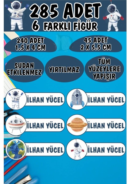 Okul Etiketi Kalem Defter Etiketi Uzay Boşluğu Astronotlar Özel Isimli Etiket 6 Figür - 285 Adet