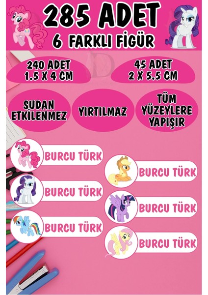 Okul Etiketi Kalem Defter Etiketi Pony Sevimli Taylar Özel Isimli Etiket 6 Figür - 285 Adet