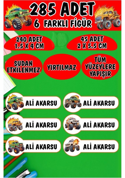 Okul Etiketi Kalem Defter Etiketi Monster Arabalar Özel Isimli Etiket 6 Figür - 285 Adet