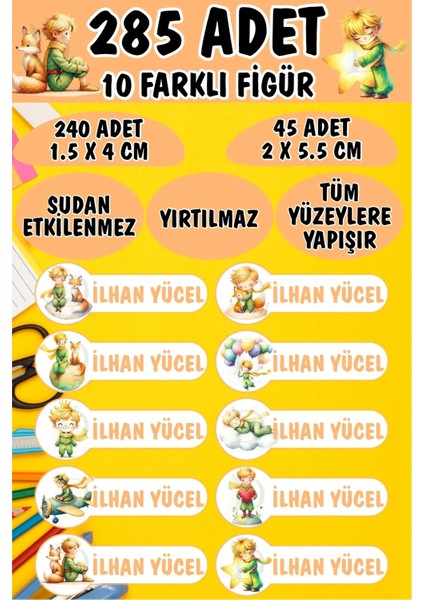 Okul Kalem Defter Etiketi Küçük Prens ve Tilki Özel Isimli Etiket 10 Figür - 285 Adet