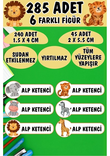 Okul Etiketi Kalem Defter Etiketi Pastel Renk Yavru Hayvalar Özel Isimli Etiket 6 Figür - 285 Adet