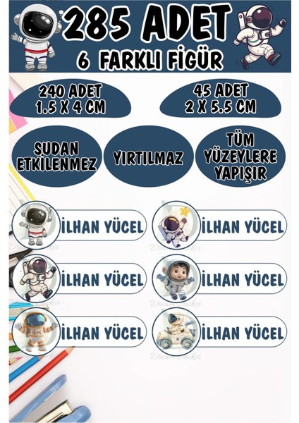 Okul Kalem Defter Etiketi Minik Astronotlar Özel Isimli Etiket 6 Figür - 285 Adet
