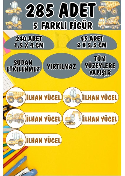 Okul Etiketi Kalem Defter Etiketi Iş Makineleri Özel Isimli Etiket 5 Figür - 285 Adet