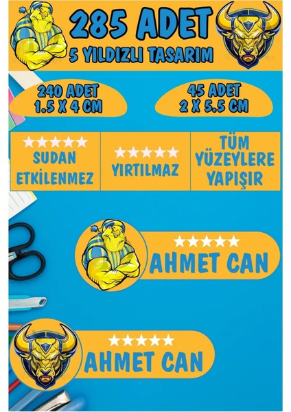 Okul Etiketi Kalem Defter Etiketi Sarı Lacivert Sevda Özel Isimli Etiket 2 Figür - 285 Adet
