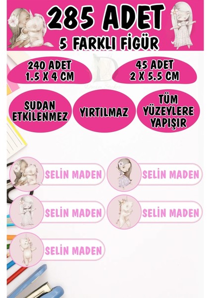 Okul Etiketi Kalem Defter Etiketi Prensesler ve Unicornlar Özel Isimli Etiket 5 Figür - 285 Adet