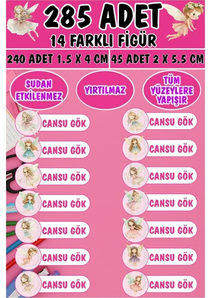 Okul Etiketi Kalem Defter Etiketi Peri Koleksiyonu Özel Isimli Etiket 14 Figür - 285 Adet