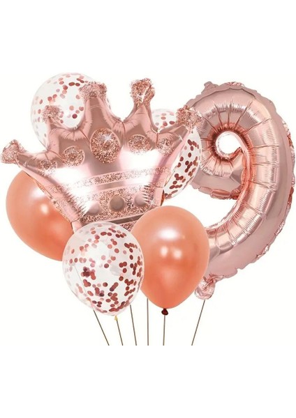 Rose Gold Taçlı 9 Rakam Balon Set