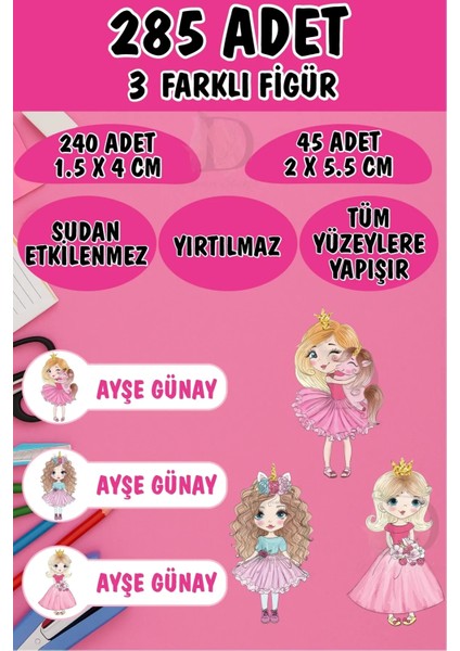 Okul Etiketi Kalem Defter Etiketi Prensesler Temalı Özel Isimli Etiket 3 Figür - 285 Adet