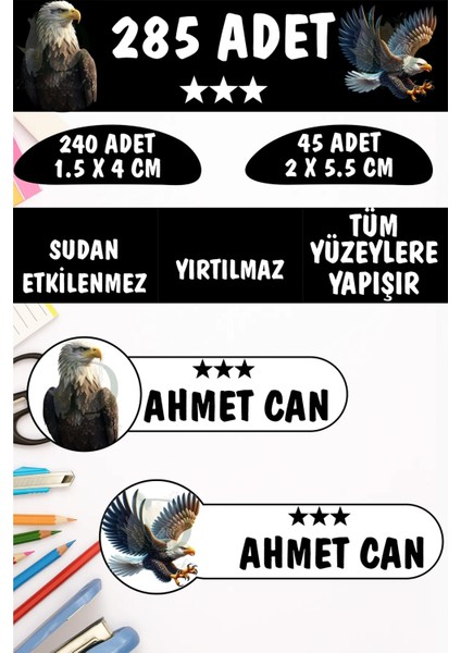 Okul Etiketi Kalem Defter Etiketi Kara Kartal Özel Isimli Etiket 2 Figür - 285 Adet