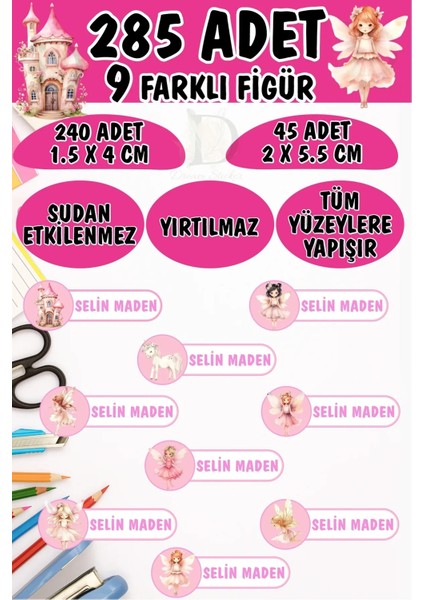 Okul Etiketi Kalem Defter Etiketi Periler Özel Isimli Etiket 9 Figür - 285 Adet