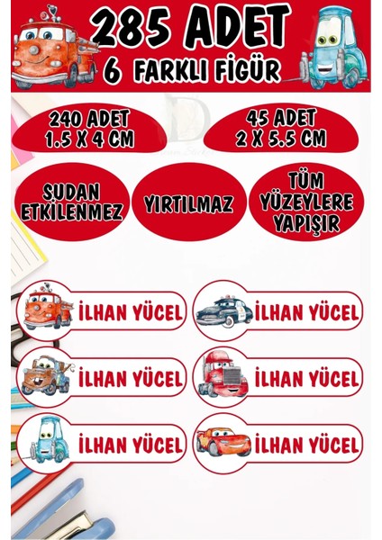 Okul Etiketi Kalem Defter Etiketi Cars Arabalar Özel Isimli Etiket 6 Figür - 285 Adet