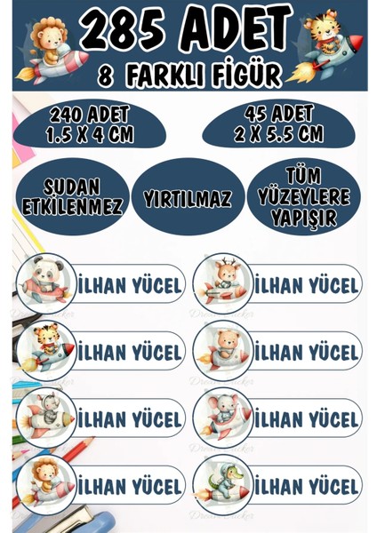 Okul Kalem Defter Etiketi Roketli Sevimli Hayvanlar Özel Isimli Etiket 8 Figür - 285 Adet