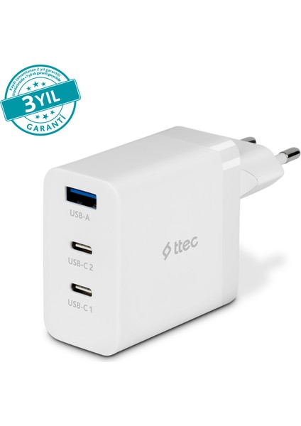 Smartcharger Trio Gan 65W Pd2 Usb-C+Usb-A Seyahat Hızlı Şarj Aleti