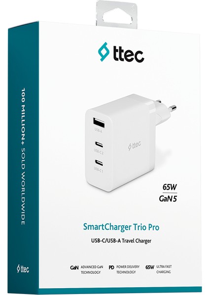 Smartcharger Trio Gan 65W Pd2 Usb-C+Usb-A Seyahat Hızlı Şarj Aleti
