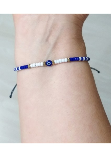 Hematit Doğaltaşlı Nazar ve Lacivert Beyaz Miyuki Round Boncuklu Unisex Bileklik