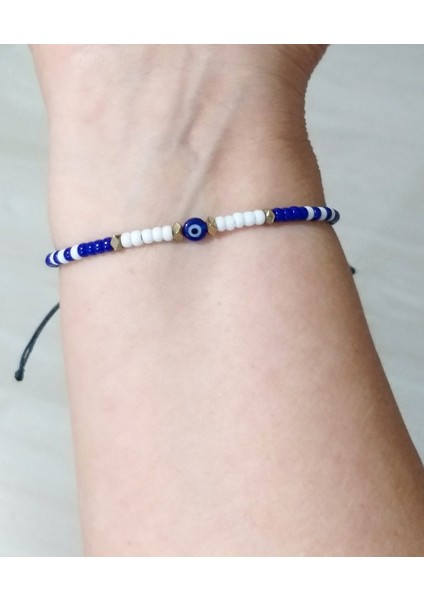 Hematit Doğaltaşlı Nazar ve Lacivert Beyaz Miyuki Round Boncuklu Unisex Bileklik
