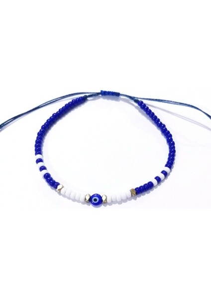 Hematit Doğaltaşlı Nazar ve Lacivert Beyaz Miyuki Round Boncuklu Unisex Bileklik