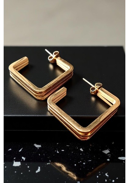 Kadın Çelik Altın Kaplama Karemsi Desen Birleşik Kare Tasarım Model Günlük Kombin Küpe