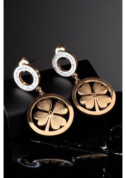 Kadın Çelik Altın Kaplama Zirkon Taşlı Dört Yaprak Yonca Figür Sallantılı Tasarım Model Günlük Küpe