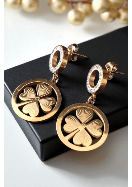 Kadın Çelik Altın Kaplama Zirkon Taşlı Dört Yaprak Yonca Figür Sallantılı Tasarım Model Günlük Küpe modelleri