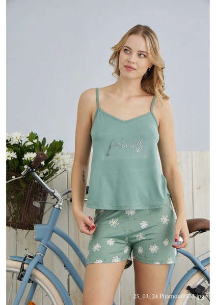 Kadın Yeşil Milan Kumaş Ip Askılı Şortlu Pijama Takımı – 7624