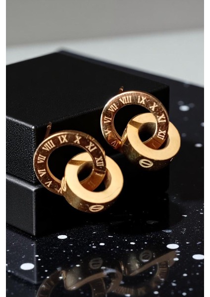 Kadın Çelik Altın Kaplama Minimalist Roma Rakam Desenli Tasarım Model Günlük Kombin Küpe