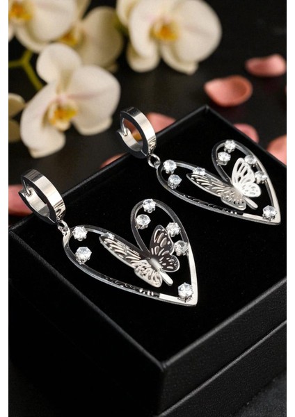 Kadın Çelik Gümüş Kaplama Zirkon Taşlı Halka Klipsli Kelebek Kalpli Kelebek Sallantılı Model Küpe