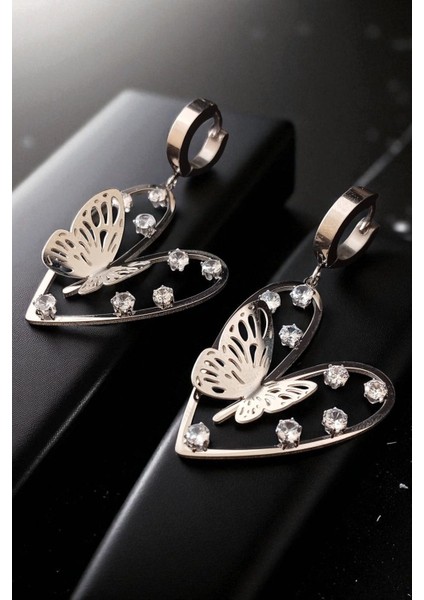 Kadın Çelik Gümüş Kaplama Zirkon Taşlı Halka Klipsli Kelebek Kalpli Kelebek Sallantılı Model Küpe fiyatları