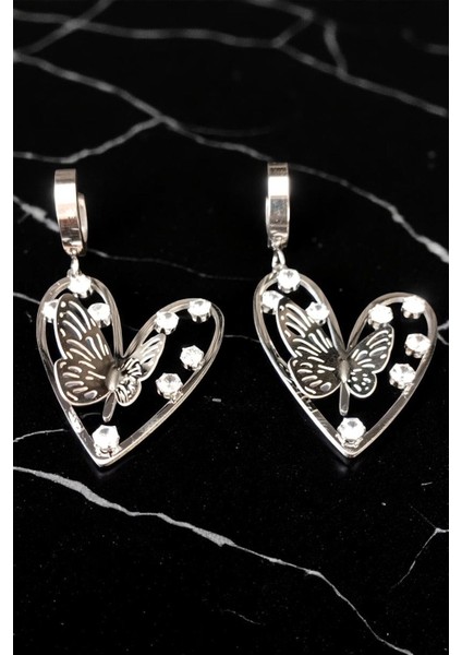Kadın Çelik Gümüş Kaplama Zirkon Taşlı Halka Klipsli Kelebek Kalpli Kelebek Sallantılı Model Küpe modelleri