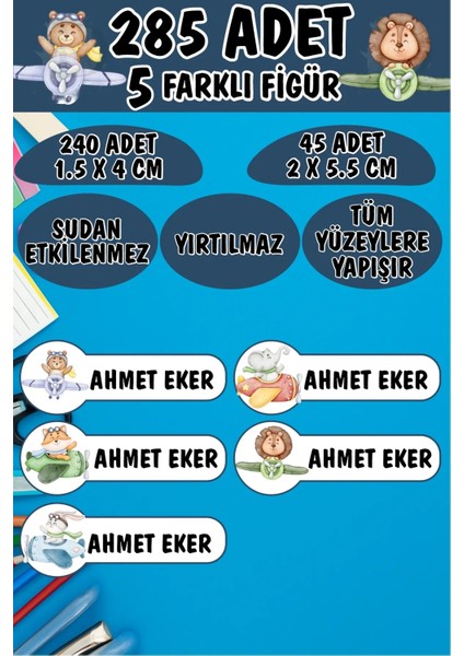 Okul Etiketi Kalem Defter Etiketi Pilot Sevimli Hayvanlar Özel Isimli Etiket 5 Figür - 285 Adet