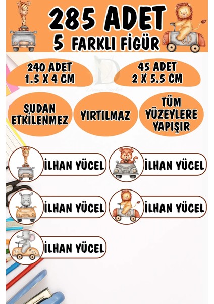 Okul Etiketi Kalem Defter Etiketi Sevimli Şoför Hayvanlar Özel Isimli Etiket 5 Figür - 285 Adet