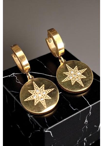 Kadın Çelik Altın Kaplama Zirkon Taşlı Kutup Yıldızı Motifli Sallantılı Halka Klipsli Model Küpe